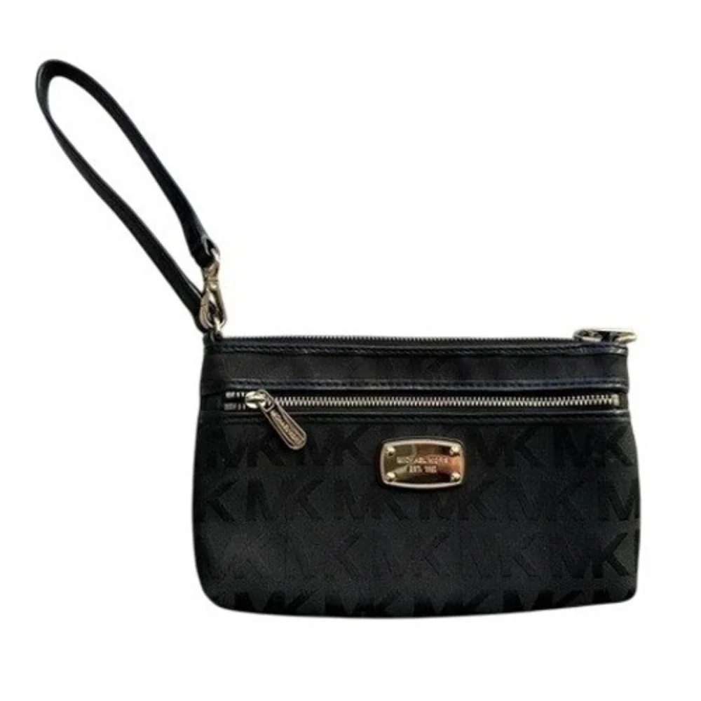Michael Kors MK Signature Wristlet Black Gold Zip Clutch‎ Pouch PVC